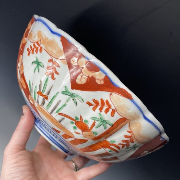 Antique 19th C. Meiji Era Japanese Porcelain Imari Bowl Scalloped Hand Painted - Picture 5 of 16